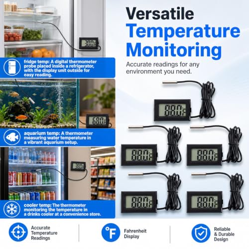 5-Pack Digital LCD Refrigerator Thermometer, Fahrenheit | -50F to 230F range, 0.1 degree resolution, for refrigerator and water temperature monitoring