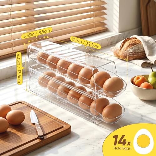 theaoo Auto Rolling Egg Dispenser for Refrigerator with Quick Removable Inner Tray, Space-Saving Egg Organizer and Holder, Egg Storage Container for Fridge, Easy to Load and Grab Eggs (1 Pack)