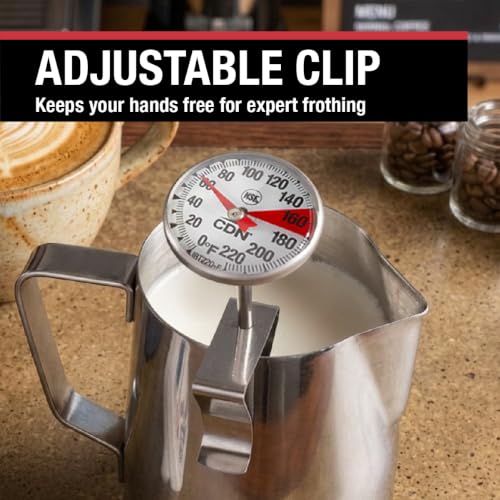 CDN ProAccurate® Instant Read Beverage Frothing Thermometer with Clip for Precise Temperature Measurement, 5" Stainless Steel Stem, Yellow Case (IRB220-F) - size: 5 inch Stem- 1.5 inch Magnified Dial