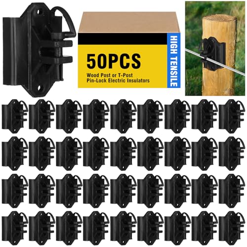 Yaocom 50 Pack Wood Post or T-Post Insulator Pin-Lock Nail-on Electric Wire Fence Insulator for High Tensile Ranch Farm and Property Fencing No Screws Included