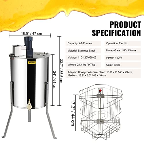 VEVOR Electric Honey Extractor, 4/8 Frame, Silver | Stainless Steel, Transparent Lid, Height Adjustable Stand, Honeycomb Drum Spinner, Apiary Centrifuge Equipment - style: 8 Frame Rack(4 Deep Frames)