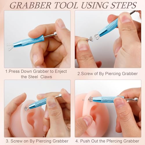 2Pcs Piercing Ball Grabber Tool for Changing Jewelry, Stianless Steel Flat Back Earring Applicator Internally Threaded Push Pin Piercing Grabber Tool - color: Blue