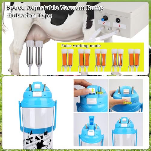 3l Electric Milking Machine for Cow| Pulsation Vacuum Pump| Save Labor | Portable Milker Machine Automatic Plug-in Speed Adjustable Milking Supplies with Milk Bucket, Tube, Brush for Farm Pasture