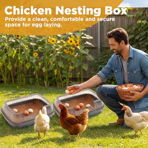 Gisafai 6 Sets Washable Plastic Chicken Nesting Box Set for Laying Eggs, 6 Pcs Plastic Nest Boxes with Coconut Fiber Pads and Wooden Fake Eggs, Portable Egg Laying Collection for Backyard Coops
