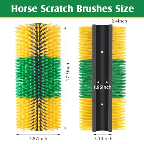 3 Pack Livestock Scratching Brush, Green and Yellow | Animal Scratcher, Itch Relief Grooming, Horse Goat Cow Scratcher, Fence Post Mounting, Durable Bristles, Farm Livestock Care - color: Green and Yellow