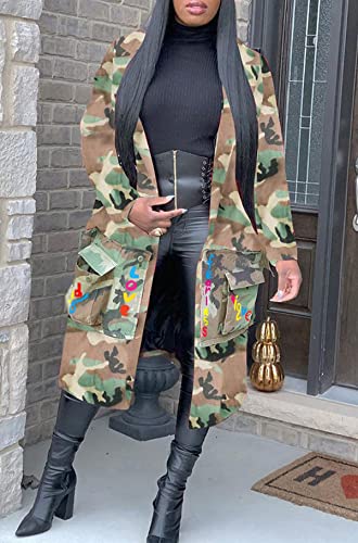 Vakkest Camo Blazer Jacket for Women Lapel Long Sleeve Open Front Cardigan Coat Classic Pockets Overcoat Outwear - color: Letter Sister, size: Small