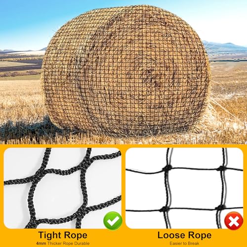 Round Bale Hay Net, 5 * 5ft Feet Slow Feed Hay Net for Horses Livestocks Feeder with 1.75 Inch Holes, Holes Fits Round Bales 4x5, 5x5ft or Square Bales 3x3x8, 4x4x8ft