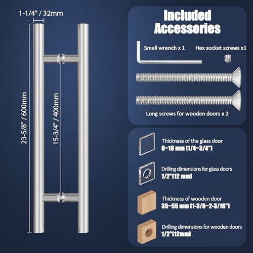 Ranbo 24" Door Pull Handle, 1.2mm 304 Stainless Steel, Brushed Nickel | 15-3/4" Hole Spacing, Fits 1/4"–3/4" Glass Doors and 1-3/8"–2-3/16" Wood Doors, for Shower, Barn and Storefront Door - size: 24 inches/1.26 inches Cross Section Diameter