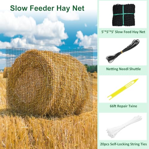 5x5ft Round Bale Hay Net for Horses, Large Thick & Durable Nylon Knotless Slow Feeder Hay Nets for HorsesGoats Healthier Feeding Solution - size: 5*5 Ft