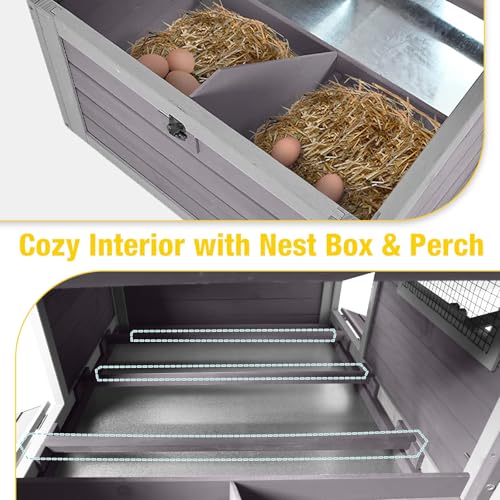 Large Chicken Coop for 2-4 Hens, Outdoor Wooden Hen House with 4 Nesting Boxes, Weatherproof Asphalt Roof, Dual Ramp Doors, Pull-Out Tray - color: Grey, size: 67.2"L x 36.8"W x 40.6"H