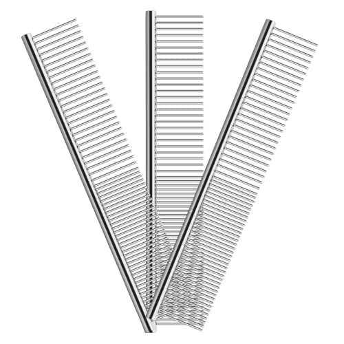 Dog Comb for Grooming, Metal Pet Comb for Cats & Dogs | 3-Pack Stainless Steel Dog Comb for Matted Hair, Grooming Tool for Removing Knots for Long & Short Haired Pet - 7.4 IN