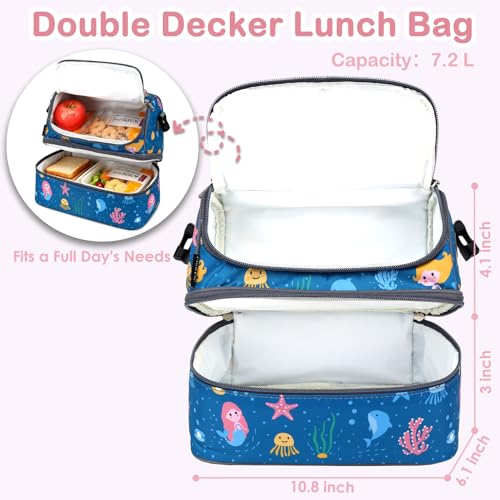 FlowFly Double Decker Cooler Insulated Lunch Bag Large Tote for Boys, Girls, Men, Women, With Adjustable Strap (Blue-Mermaid) - color: Blue-Mermaid