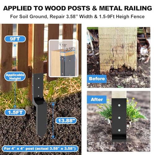 Thicker Fence Post Repair Kit-Heavy Duty Metal Steel 4''x4'' (Actual 3.58"x3.58") Fence Repair Stake-Anchor Ground Spike-Support Bracket Mender for Tilted Broken Wood-Powder-Coated Post Stabilizer
