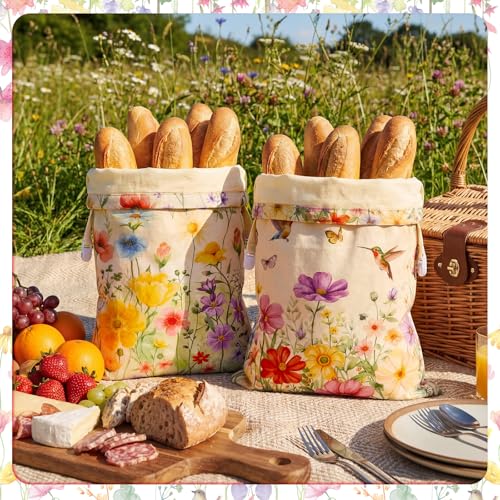 Hushee 2 Pcs Beeswax Sourdough Bread Bags, XL Cotton Line, Wildflower | 13 x 16 Inch Bread Bags for Homemade Bread, Reusable Organic Linen Cotton Storage Bags, Keep Loaves Fresh Longer - style: Wildflowers