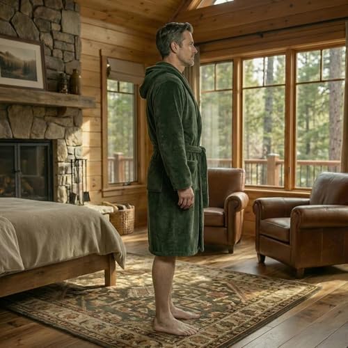 FashGudim Mens Hooded Robe Plush Shawl Collar Kimono Bathrobe Soft Warm Flannel Fleece Spa Robes House Coat Pajamas - color: Army Green, size: Small-Medium