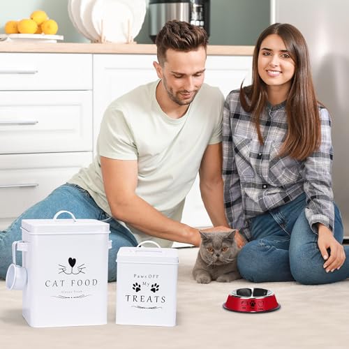 Meraki Home Farmhouse Cat Food and Treats Containers + Feed Scoop + Pet Food Bowl - Tight Lids - Large Metal Storage Bin - Great Gift for Cute Pets (Glossy White) - color: Glossy White