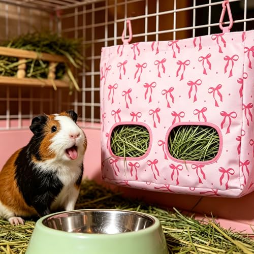 JarThenaAMCS 2Pcs Rabbit Hay Feeder Bag with 2 Holes Pink Bow Guinea Pig Hanging Hay Feeding Bag Large Storage Dispenser for Chinchilla Hamster Bunny Small Animal Pet - size: 13 x 11.4 inch