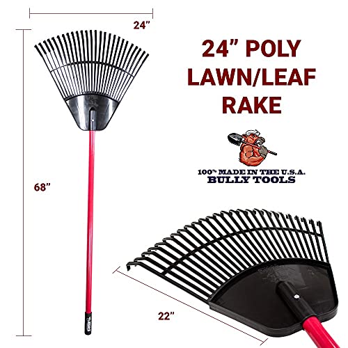 Bully Tools Poly Lawn and Leaf Rake - Fiberglass Handle, 24-Inch - Commercial Grade Heavy Duty Poly Tines, 90 Degree Teeth - Ideal Rake for Leaves, Gardening and Landscaping - 100% Made in The USA