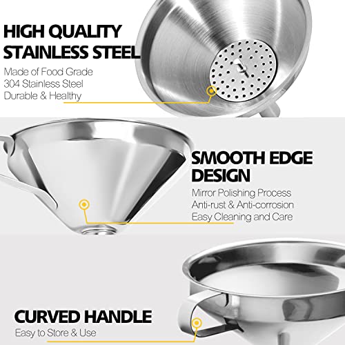 Anaeat 3 Pack Stainless Steel Kitchen Funnel Set, Multi-Use Premium Metal Food Grade Cooking Funnels with 2 Removable Strainer Filter for Transferring Liquid or Dry Ingredients & 1 Pc Cleaning Brush