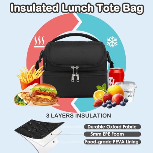 FlowFly Double Decker Cooler Insulated Lunch Bag Large Tote for Boys, Girls, Men, Women, With Adjustable Strap,Black - color: Black