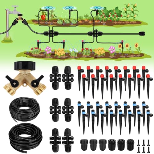250FT Drip Irrigation System for Garden - 50FT 1/2" Main Tube & 200FT 1/4" Branch Tubing, Brass Splitter, Quick Connect Design, Perfect for Outdoor Plants, Raised Beds, Greenhouses - size: 250 FT