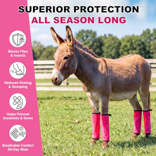 Donkey Fly Boots Set of 4, UV-Proof Breathable Mesh Leg Wraps with Built-in Nylon Support, Non-Slip Adjustable Closures, Summer Protection for Farm Donkeys, Pony, Mule(Mini,Pink,4) - color: Pink