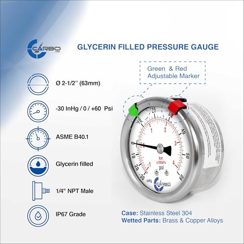 Compound Pressure Gauge -30 inHg to 60 PSI, Liquid Filled, 2.5" Dial, 1/4 NPT Back Mount, 304 Stainless Steel Case, Brass Wetted Parts, PSI/inHg - ASME B40.1 Grade A - size: -30 inHg to 60 PSI, style: STANDARD