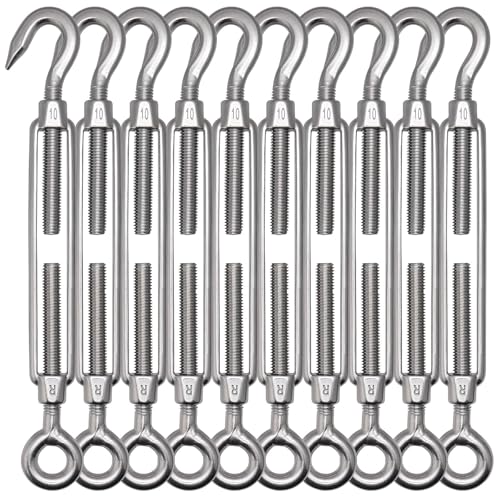 TooTaci 10PCS M10 Turnbuckle, 304 Stainless Steel Turnbuckle Hook and Eye | Turnbuckle Wire Tensioner, 660 lb Heavy Duty Adjustable Turnbuckles for Cables Wire, Cable Tightener, Trampoline, Tent, Tarps - size: M10 OC-10Pcs