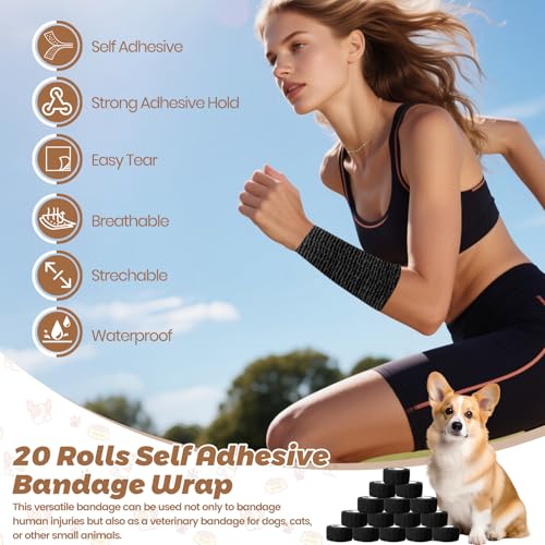 Self Adhesive Bandage Wrap, 20 Rolls Sports Tape, Self Stick Elastic Bandage Wrap, Sticky Bandage Wrap for Wrist, Feet, Ankle, Vet Wraps for Animals Pets,Tattoo Grip Tape(1" x 78.74") - color: Black