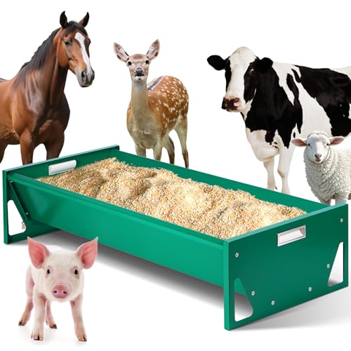 15 Gal Goat Feeder, Deer Feeder Livestock Feeding Metal Trough 39.4 Inch Heavy-Duty Galvanized Portable Pig Feeder for Farms Alpacas Hay Feeder for Goats, Calves, Sheep, Horses Deer (Dark Green)
