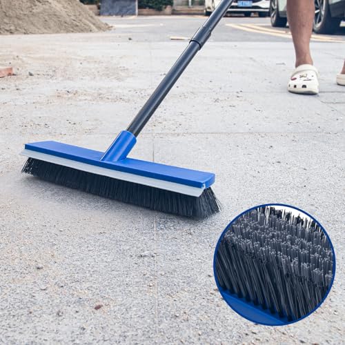 16 Inch 2-in-1 Squeegee Push Broom Outdoor Deck Brush 58" Long Handle for Patio Garage Warehouse Driveway Concrete Floor Cleaning Scrubbing(Blue)