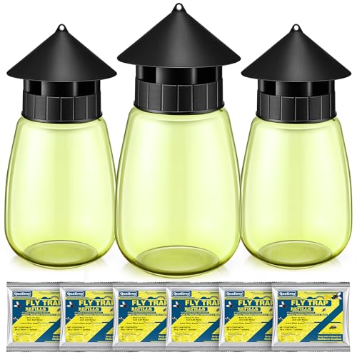 Qualirey Reusable Outdoor Hanging Fly Trap Bottles with Bait Refill, Non Toxic Flies Trap Jar, Fly Catcher Killer Flying Control for Outside Farms, Stables, Barns, Garden, Patio (3 Pack,Design)