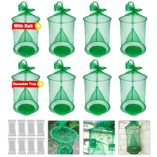 8 Packs Fly Traps Outdoor Hanging, Stable Fly Trap with Fly Bait, Reusable Fly Killer, Ranch Fly Trap, Fly Control Fly Hunter for Family Farm Park Orchard Garden