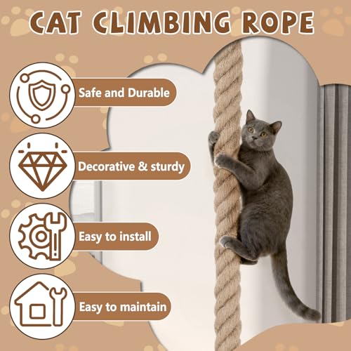Hanging Cat Climbing Rope, 2 in x 4.92 ft Jute Rope with Hook | 5 cm x 1.5 m Rope, Natural Jute Texture, Wall or Ceiling Mount, Hook and Hardware, Scratch and Climb Use, Indoor Cats - size: 4.92FT