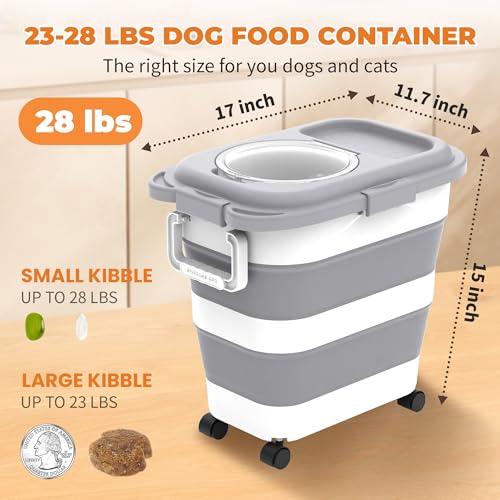 HOYTAMDAR 25-28lb Collapsible Dog Food Storage Container,Dog Food Container | Pet Food Storage Container with Airtight Lid,Wheels,Handle,Measuring Scoop&Small Container For Dog Cat Bird Seed - color: Grey-28lbs