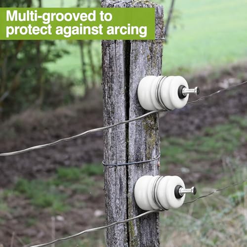 Pangda 25 Pack Multi-Groove Wood Post Ceramic Insulator with Double-Headed Nails and Washers Ceramic Electric Fence Insulator for Wooden Post Electrical Wire Ground Fencing Agricultural Supplies