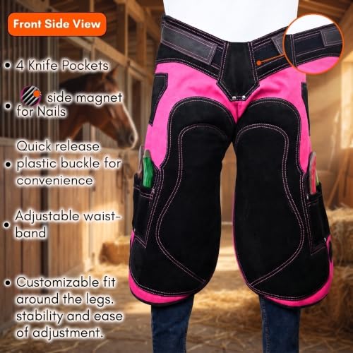 – Farrier Apron Cowhide Leather Hoof Trimming Chaps | with Premium Air Mesh Lining, Foam Knee Pads, 4 Knife Pockets & Nail Magnets | Adjustable Waist for Men & Women (Apron Only) - color: Pink - Black, size: 65cm - 25inch