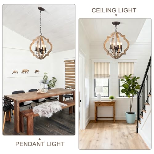 16" Farmhouse Chandelier for Dining Room, Wood Rustic Chandelier | Dining Room Light Fixtures Over Table 4-Lights French Country Hanging Light, Adjustable Height for Entryway Kitchen Island - color: 16" Wood