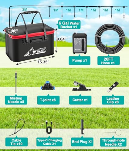 Portable Misting Systems for Patio, Outdoor Water Cooling Misting Kit with 6000mAh Water Pump IPX8, DIY Misters for Outside Garden, Greenhouse, Fan, Umbrella, Canopy, Pasture, Camping(22L Bucket)