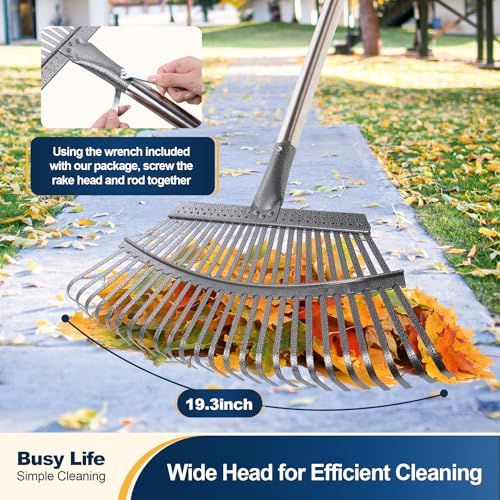 Yocada 19.3" Garden Leaf Rake Wide Heavy Duty (25 Tines) 68.9" | Adjustable Long Handle Garden Rake for Yard Garden Lawn Leaves