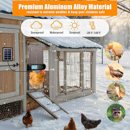 Automatic Chicken Coop Door Solar Powered, LCD Screen Electric Auto Chicken Coop Door with Timer & Light Sensor, Aluminum Rechargeable Auto Chicken Door Opener with Remote Control & 4 Modes - color: Brown
