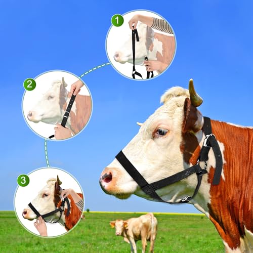 M METERXITY 1-Pack Adjustable Cattle Cow Calf Halter, 13.78"-17.7" Nylon Livestock Cow Halter for Miniature Horse/Donkey/Goat/Cattle [Black] - color: Black