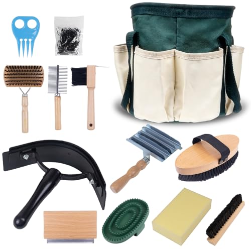 13-Piece Horse Grooming kit for Daily Care,Complete Horse Supplies Set with Wood Brushes, Tack Essentials, Curry Tools, and Practical Horse Accessories for Farm & Stable Use