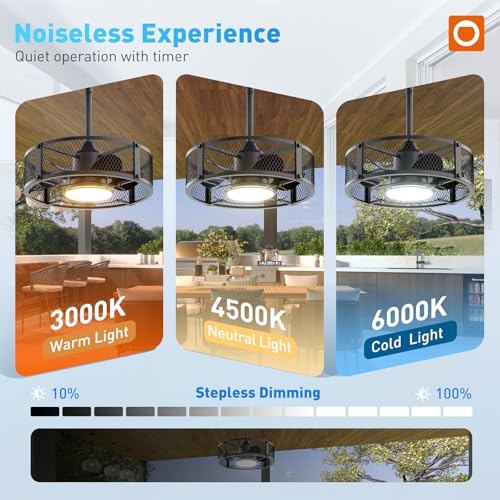 addlon 20" Outdoor Ceiling Fan with Light for Patio, IP65 Plug in Caged Fan | Waterproof, Hanging Hook, Reversible DC Motor, 6 Speeds, Remote Control, Quiet Operation, Timer, for Gazebo, Patio, Porch - color: Black Mesh Cage