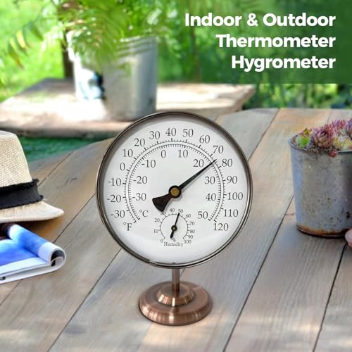 4’’ Outdoor Thermometer Hygrometer with Stand,Metal Waterproof Thermometer Gauge for Patio Indoor Outdoor Use,Easy Read Celsius Fahrenheit Dial,Battery Free,Weather Dial Hygrometer Thermometer