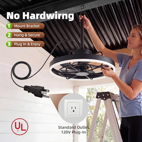 Modern Gazebo Fan with Light, 20" Plug-in Gazebo Ceiliing Fan with App/Remote Control, Outdoor Ceiling Fan with Light IP65 Waterproof, 3 CCT Light, for Gazebo - Black - color: Black