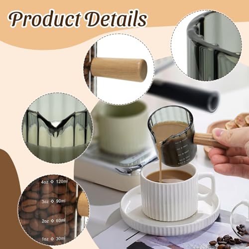 Espresso Cups Set of 2, 4 OZ Espresso Shot Glasses with Wood Handle, Gray | V-Shaped Spouts, Ribbed Milk Frothing Pitcher, Small Glass Measuring Cup, Demitasse Cups, Coffee Espresso Accessories - color: Gray