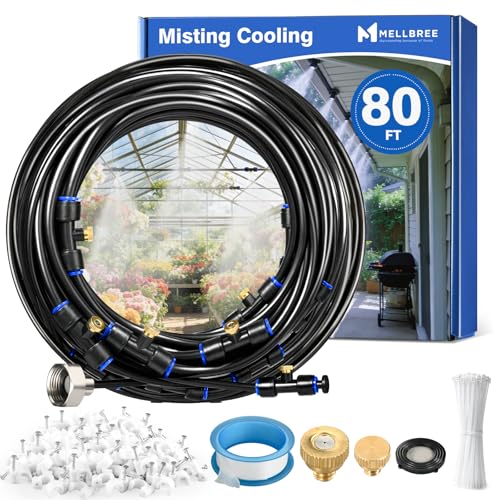 Mellbree Misters for Outside Patio 80FT/24M, Pre-Assembled Misting Cooling System with 24 Brass Nozzles & 3/4" Adapter, Outdoor Mister for Garden, Backyard, Pool, Greenhouse, Play Zone, Trampoline - size: 80FT