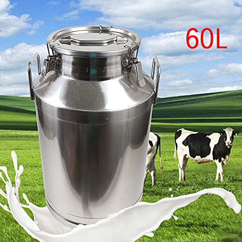 Milk Can Milk Bottle, 20/30/ 40/50/ 60L Stainless Steel Heavy Duty Milk Jug Wine Pail Bucket Square Liquid Container Storage with Embedded Silicone Sealed Lid for Home Restaurant Bar Silver (60L) - size: 60L