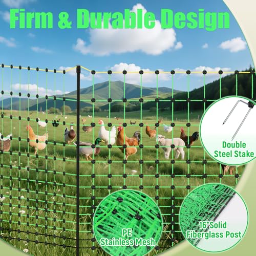 48" x 164' Electric Chicken Fence, Electric Poultry Netting for Chicken, Duck and Goat, Portable Anti-Predator Electric Fencing in Farms, Ranches, and Gardens (16 Posts, 2 Spikes)